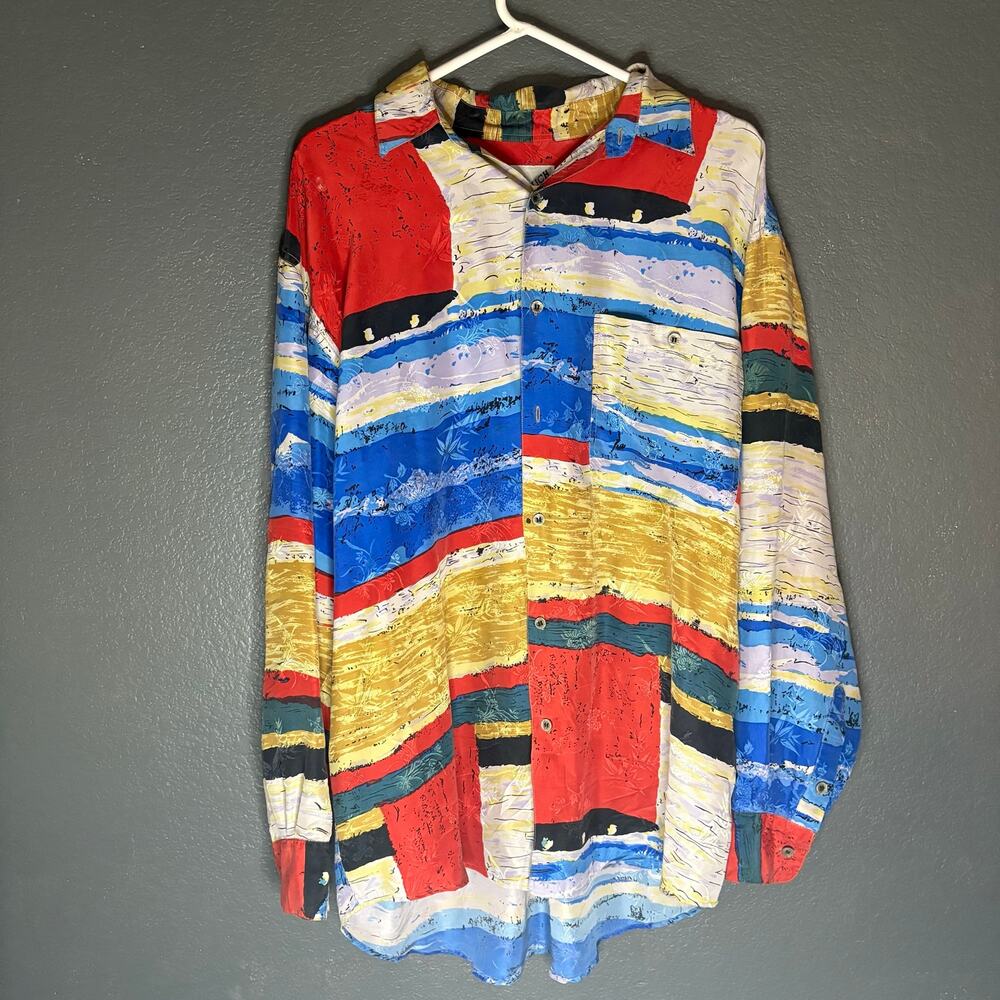 Vintage Goouch Rayon Shirt Mens M Multicolor Abstract Rockabilly 90s Oversized